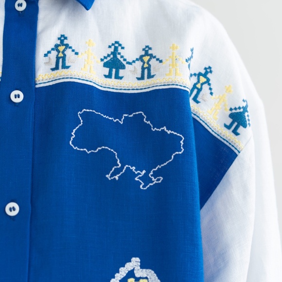 Ukrainian Blue and White Embroidered Unisex Oversized Linen Shirt Vyshyvanka L - Picture 7 of 12